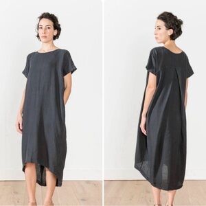 Black Crane Pleated Cocoon Linen Dress